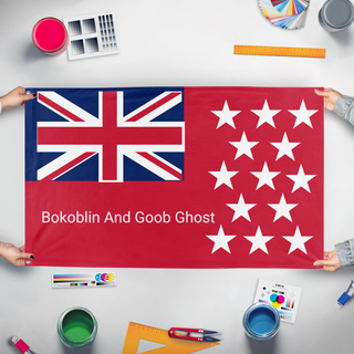 A mockup of the custom flag 'Boko and Goob flag' held up on a table during print checking