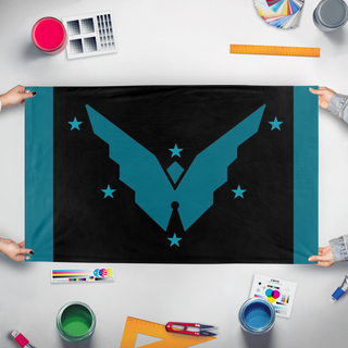 A mockup of the custom flag 'ICA flag' held up on a table during print checking