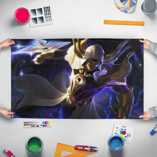 A mockup of the custom flag 'Cosmic Reaver Kassadin flag' held up on a table during print checking