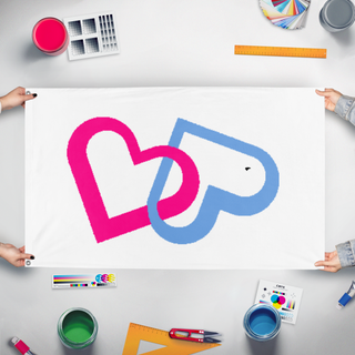A mockup of the custom flag 'loopy flag' held up on a table during print checking