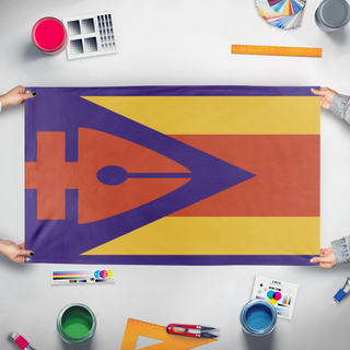 A mockup of the custom flag 'fake flag' held up on a table during print checking