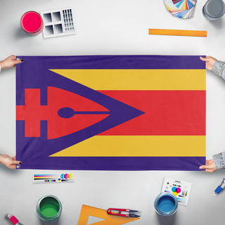 A mockup of the custom flag 'Handicraft flag' held up on a table during print checking