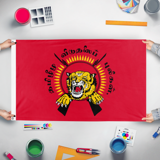 A mockup of the custom flag 'Tiger flag' held up on a table during print checking