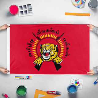 A mockup of the custom flag 'Tiger flag' held up on a table during print checking