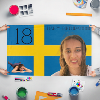 A mockup of the custom flag 'Luisa mini flag' held up on a table during print checking