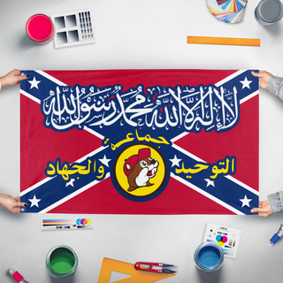A mockup of the custom flag 'SouthernBucces flag' held up on a table during print checking