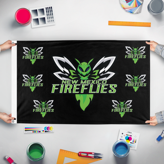 A mockup of the custom flag 'NMFFLOGO flag' held up on a table during print checking