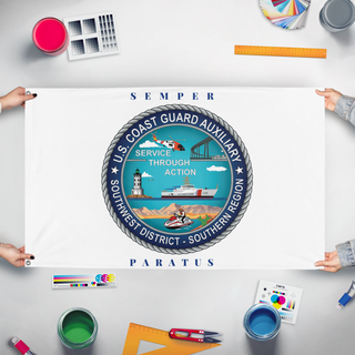 A mockup of the custom flag 'CGDSWSR flag' held up on a table during print checking