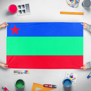 A mockup of the custom flag 'Earth land flag' held up on a table during print checking