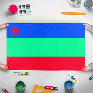 A mockup of the custom flag 'Earth land flag' held up on a table during print checking