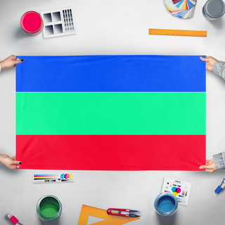 A mockup of the custom flag 'Earth land flag' held up on a table during print checking