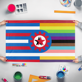 A mockup of the custom flag '7524_Remake7.2 flag' held up on a table during print checking