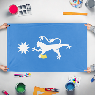 A mockup of the custom flag 'Imperial Kesandrian Banner of Akonos flag' held up on a table during print checking
