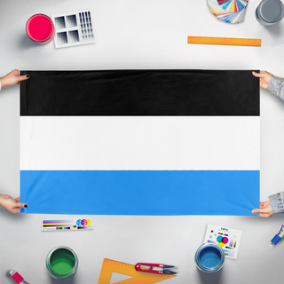 A mockup of the custom flag 'NovaWyke flag' held up on a table during print checking