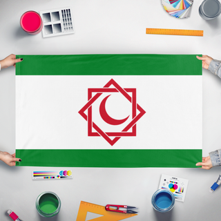 A mockup of the custom flag 'Dahanuh flag' held up on a table during print checking