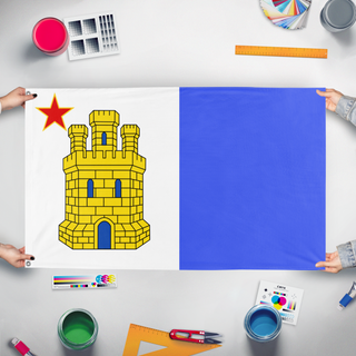 A mockup of the custom flag 'Porto Dourado flag' held up on a table during print checking