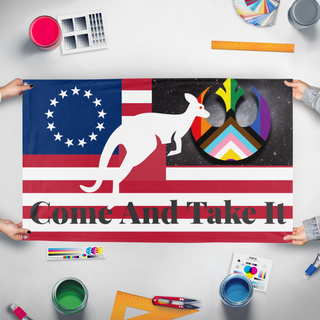 A mockup of the custom flag 'test flag' held up on a table during print checking