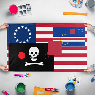 A mockup of the custom flag 'test flag' held up on a table during print checking