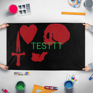 A mockup of the custom flag 'T flag' held up on a table during print checking