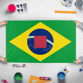 A mockup of the custom flag 't flag' held up on a table during print checking