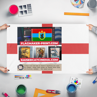 A mockup of the custom flag 'T flag' held up on a table during print checking