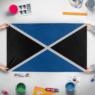 A mockup of the custom flag 'Azerole-Flag-2' held up on a table during print checking