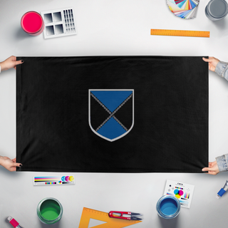 A mockup of the custom flag 'Azerole-Flag-3' held up on a table during print checking