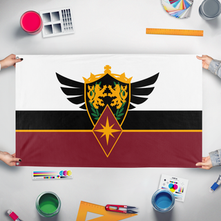 A mockup of the custom flag 'Imperium flag' held up on a table during print checking