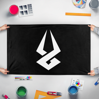 A mockup of the custom flag 'Hades Flag' held up on a table during print checking
