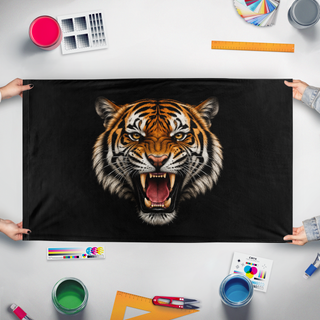 A mockup of the custom flag 'Tiger Flag' held up on a table during print checking