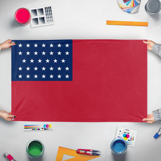 A mockup of the custom flag '34-Star WCA flag' held up on a table during print checking