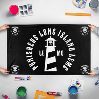 A mockup of the custom flag 'Long Island Chapter flag' held up on a table during print checking