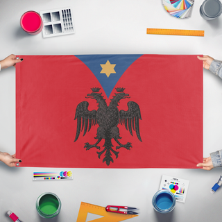 A mockup of the custom flag 'Custom Heraldic flag' held up on a table during print checking