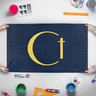 A mockup of the custom flag 'Christcience flag' held up on a table during print checking