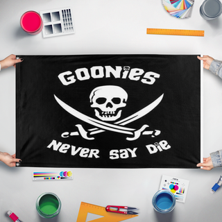 A mockup of the custom flag 'Goonies Final flag' held up on a table during print checking