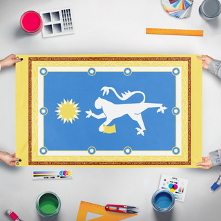 A mockup of the custom flag 'Ceremonial Kesandrian Banner of Akonos flag' held up on a table during print checking
