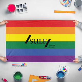 A mockup of the custom flag 'sulf_pride flag' held up on a table during print checking