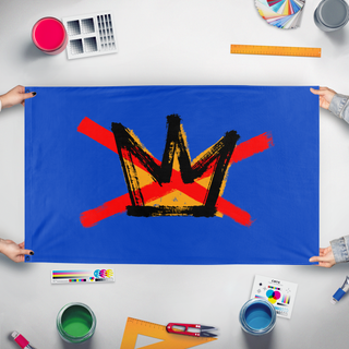 A mockup of the custom flag 'NO KINGS' held up on a table during print checking
