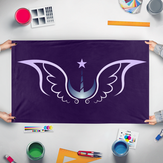 A mockup of the custom flag 'Lunar Empire flag' held up on a table during print checking