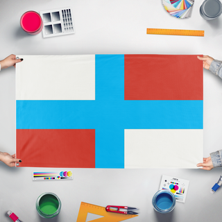 A mockup of the custom flag 'Russian National State flag' held up on a table during print checking