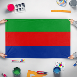 A mockup of the custom flag 'zdf flag' held up on a table during print checking