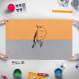 A mockup of the custom flag 'pootis flag' held up on a table during print checking