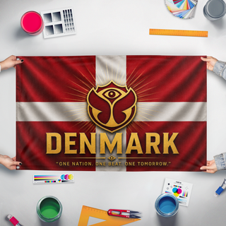 A mockup of the custom flag 'Denmark flag' held up on a table during print checking