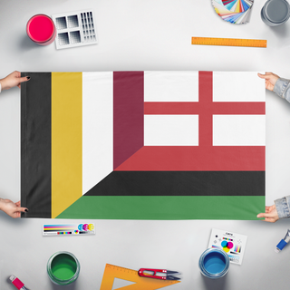 A mockup of the custom flag 'TOTA Plurinational flag' held up on a table during print checking
