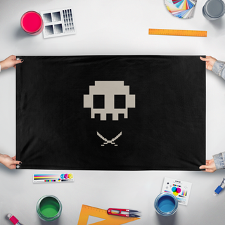 A mockup of the custom flag 'BlackArtStudios flag' held up on a table during print checking
