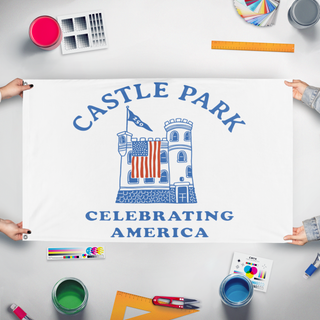 A mockup of the custom flag 'Cp flag' held up on a table during print checking