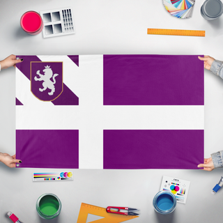 A mockup of the custom flag 'Empire of Shroomia flag' held up on a table during print checking
