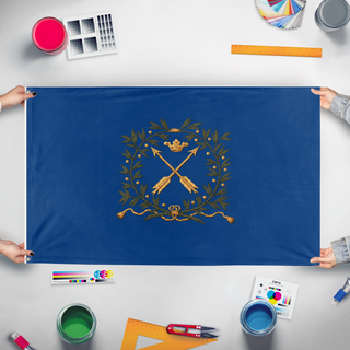 A mockup of the custom flag 'Dalregementet flag' held up on a table during print checking