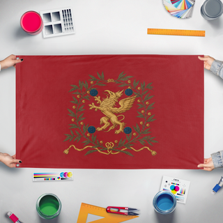 A mockup of the custom flag 'Ostergotlands regemente flag' held up on a table during print checking