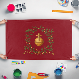 A mockup of the custom flag 'Upplands regemente Kompanifana flag' held up on a table during print checking